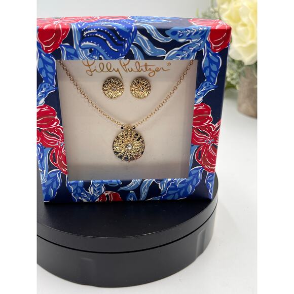 Lilly Pulitzer Boxed Gold Tone Earring and Necklace Set Low tide Navy Box New - Picture 2 of 6